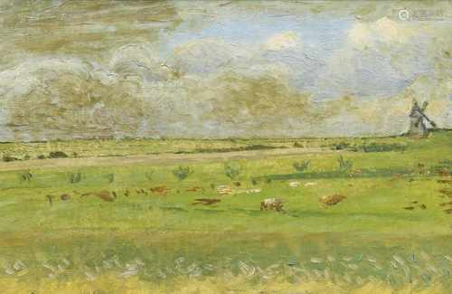 Franz Nölken(Hamburg 1884 - La Capelle 1918)Landschaft mit MühleÖl/Lw., 25 x 38 cm, doubl. -