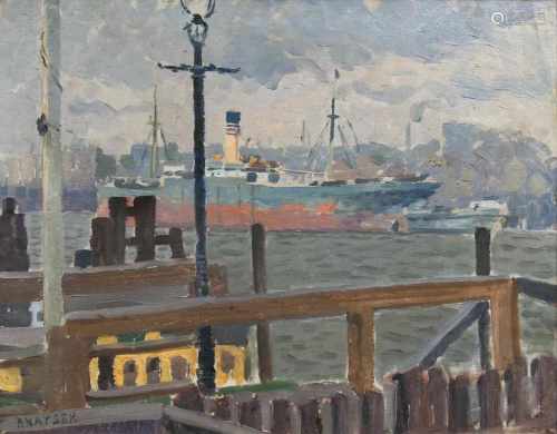 Paul Kayser(Hamburg 1869 - Donaueschingen 1942)Schiff im HafenUm 1910, Öl/Lw., 42 x 53,5 cm, l. u.