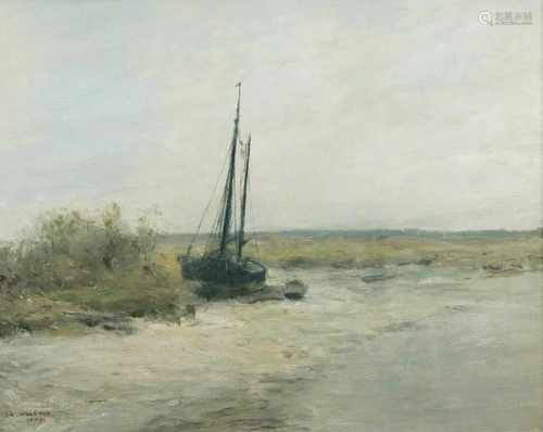 Rudolf Höckner(Wolkenstein 1864 - Bad Mergentheim 1942)Boot am UferÖl/Lw., 46,5 x 56,5 cm, l. u.