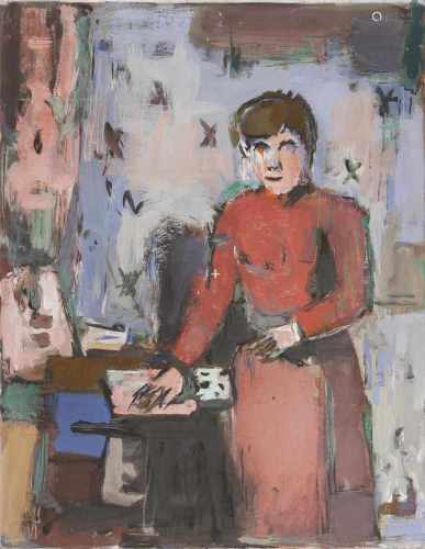 Erich Hartmann(Elberfeld 1886 - Hamburg 1974)Frau in RotTempera/Hartfaser, 91 x 70,5 cm, verso sign.