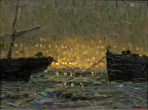 Ernst Eitner(Hamburg 1867 - Hamburg 1955)Lichtstimmung im Hamburger HafenÖl/Karton, 22 x 27,5 cm,