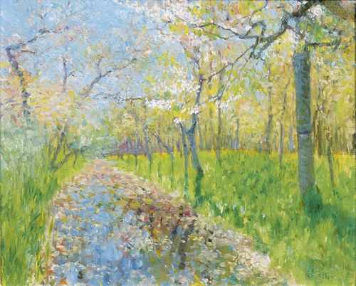 Arthur Illies(Hamburg 1870 - Lüneburg 1952)Frühling am BachÖl/Karton/Holz, 20 x 25 cm, r. u. sign.