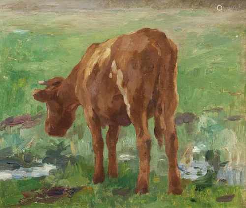 Thomas Herbst(Hamburg 1848 - Hamburg 1915)Kalb an der TränkeÖl/Karton, 34 x 39 cm, r. u.