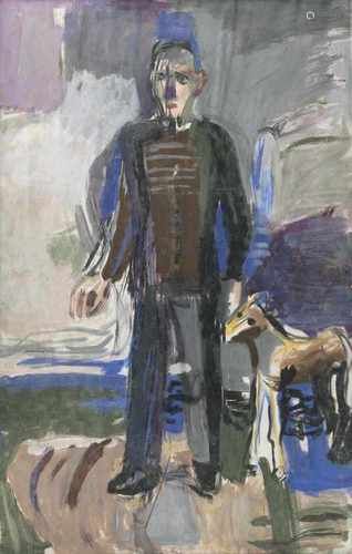 Erich Hartmann(Elberfeld 1886 - Hamburg 1974)Mann mit HundTempera, 99,5 x 69 cm, unter Glas gerahmt,