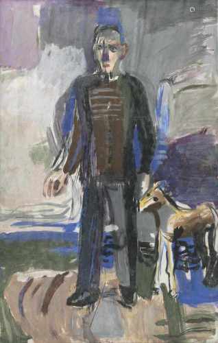 Erich Hartmann(Elberfeld 1886 - Hamburg 1974)Mann mit HundTempera, 99,5 x 69 cm, unter Glas gerahmt,