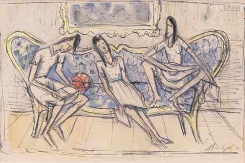 Emil Maetzel(Cuxhaven 1877 - Hamburg 1955)Drei Mädchen auf dem SofaAquarell u. Faserstift, 13 x 20,5