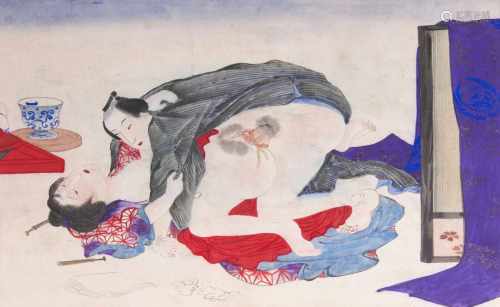 Japanischer Meistertätig um 1900Zwölf Shunga-DarstellungenZwölf Aquarelle im Leporello, 20 x 29,5