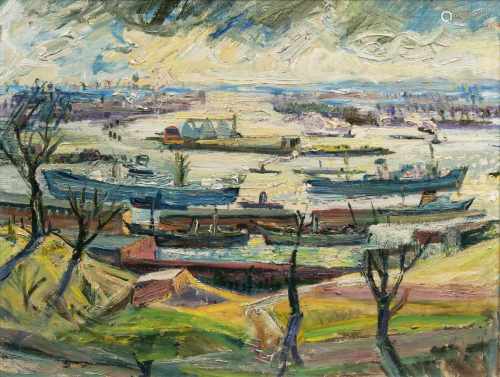 August Lange-Brock(Hamburg 1891 - Hamburg 1978)Blick auf den Hamburger Hafen mit dem KöhlbrandÖl/
