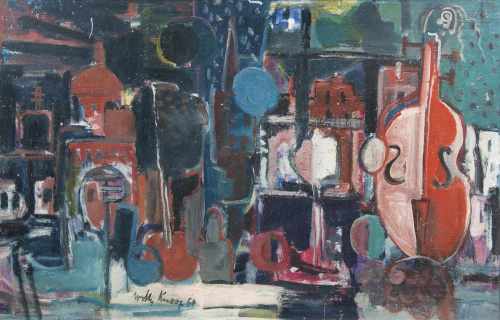 Willy Knoop(Lütjenburg 1888 - Hamburg 1966)Stilleben mit CelloTempera/Hartfaser, 60,5 x 91,5 cm,