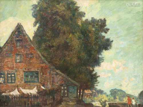 Arthur Illies(Hamburg 1870 - Lüneburg 1952)Dorf unter BäumenÖl/Karton, 36,5 x 46 cm. - Hamburger