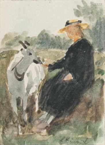 Elisabeth Büchsel(Stralsund 1867 - Stralsund 1957)Frau mit ZiegeAquarell, 12,5 x 9 cm, r. u. sign.
