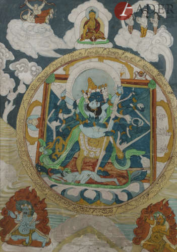 TIBET - XXe siècle Tangka, détrempe sur toile, Hevajra à quatre têtes et douze bras en yab yum