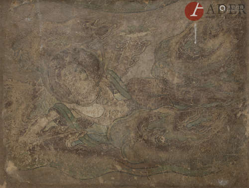 CHINE - Époque MING (1368 - 1644) Fragment de peinture murale sur stuc, Apsara volant dans les