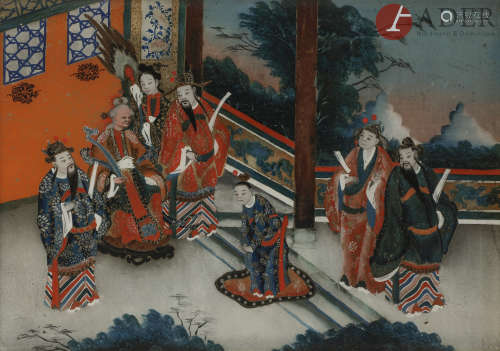 CHINE - Fin XIXe siècle Paire de fixés sous verre, à décor de deux scènes de théâtre représentant