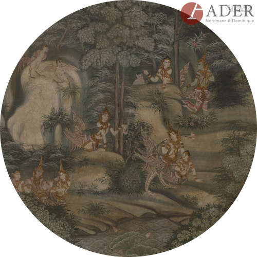 THAÏLANDE - XIXe siècle Encre et couleur sur papier à décor d'une scène mythologique dans une forêt,