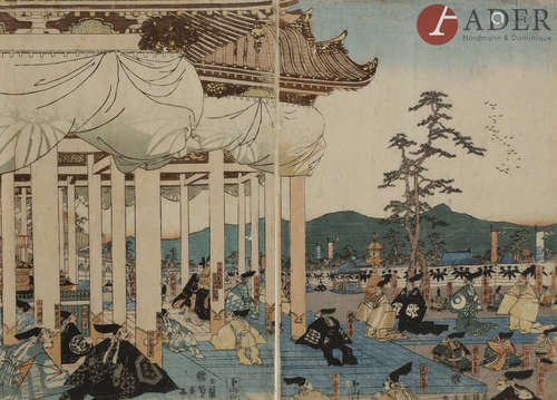 Ensemble comprenant un hashira-e par Utamaro, grues ; un oban yoko-e par Hiroshige, Tokaido ;