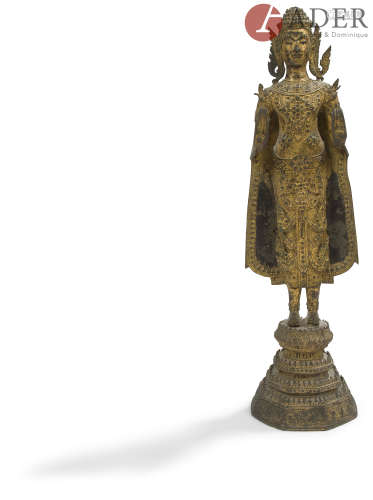 THAÏLANDE, Ratanakosin - Fin XIXe siècle Statuette de bouddha debout sur le lotus en bronze laqué