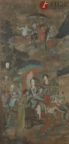CHINE - XIXe siècle Ensemble de trois peintures : encre et couleurs sur soie, représentant des