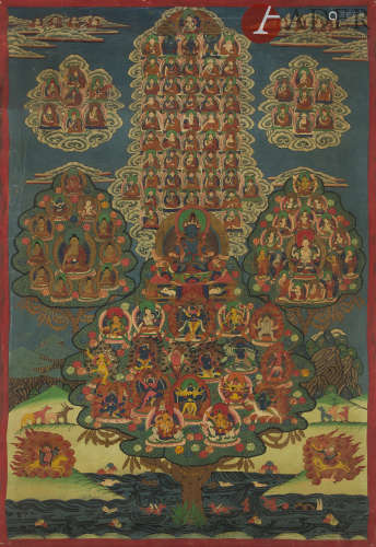 TIBET - XXe siècle Tangka, détrempe sur toile, à décor central du bouddha Vajradhara bleu assis en