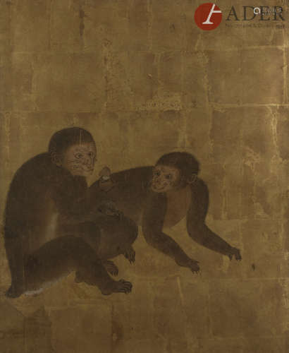 JAPON - XIXe siècle Fragment de peinture, encre et couleurs sur papier doré, représentant deux