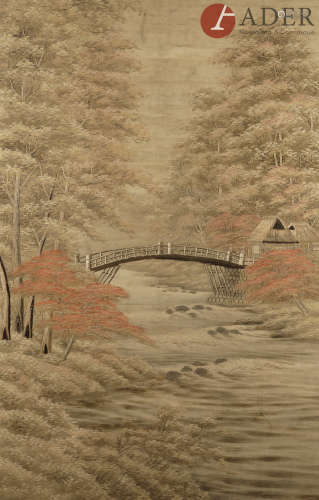 JAPON - Époque MEIJI (1868 - 1912) Panneau de forme rectangulaire en soie à décor brodé d'un pont