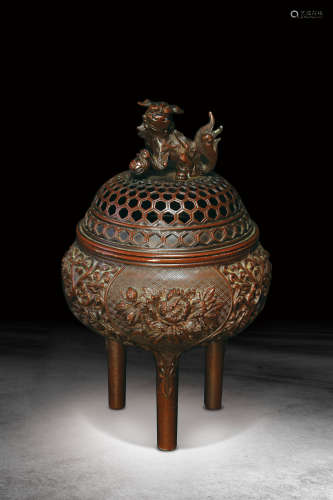 十九世紀 日本銅雕三足香薰爐