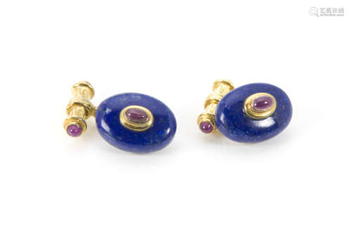 A modern pair of gilt lapis lazuli and red stone cufflinks