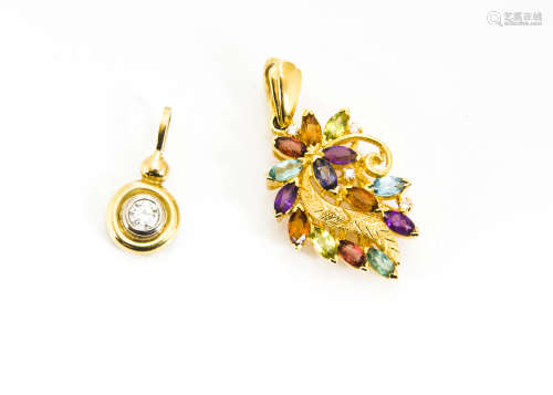 A continental multi gem set and diamond floral drop, marked 585 together with an 18ct gold 0.25ct