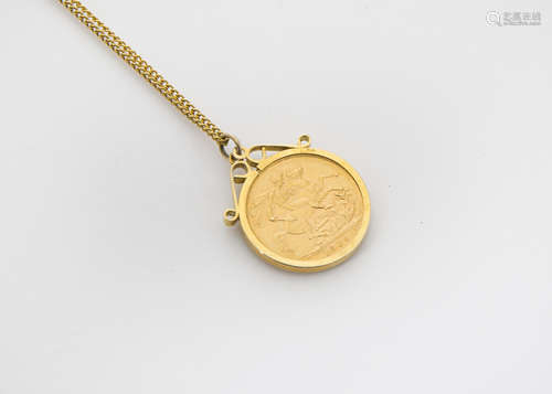 An Edward VII full sovereign pendant on chain, 1909 sovereign in collar setting and curb linked