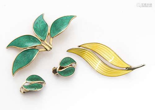 A David Andersen silver and enamel leaf brooch, and clip earrings marked to reverse together with