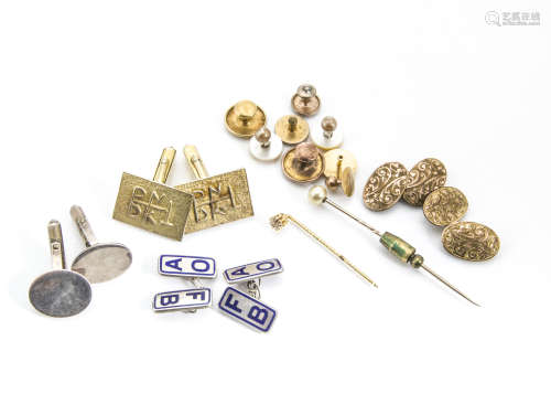 A pair of silver gilt cufflinks, a collection of gold dress studs 4g, a pair of silver and enamel