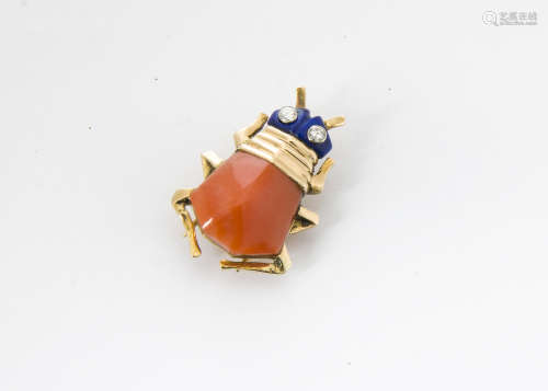 An art deco Cartier London multi gem set ladybird brooch, with coral body, lapis lazuli head with