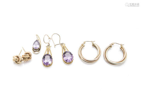 Two pairs of modern 9ct gold earrings, together with a pair of 9ct gold and purple stone earrings, a