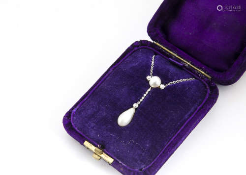 A certified natural pearl and diamond drop pendant, the central button pearl flanked by claw set old
