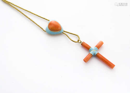 A 19th Century coral and enamel cross and heart pendant, the cross drop supported on a fine gold