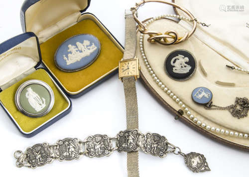 A collection of costume jewellery, including four Jasperware Wedgwood brooches/pendants, a cased