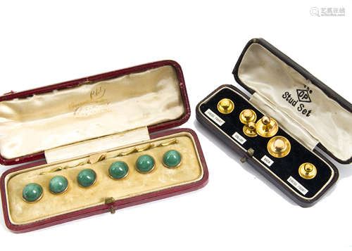 Two cased art deco dress stud sets, one set with aventurine quartz on 9ct gold back the other marked