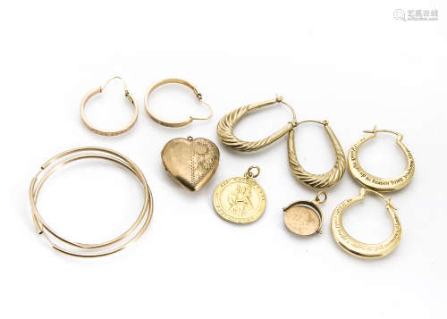 A collection of 9ct gold earrings, together with a 9ct gold heart shaped locket, 9ct gold charm, a