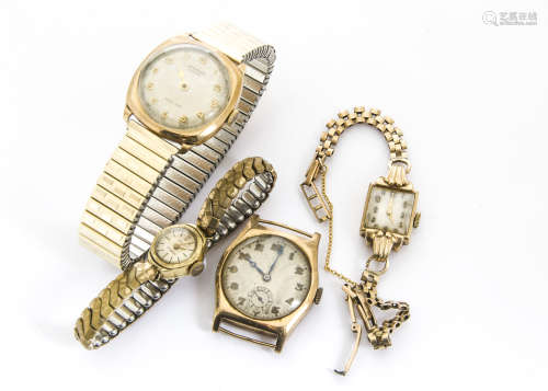 A group of four gold cased watches, including a gents Benson, and a Vertex, box with engraved case