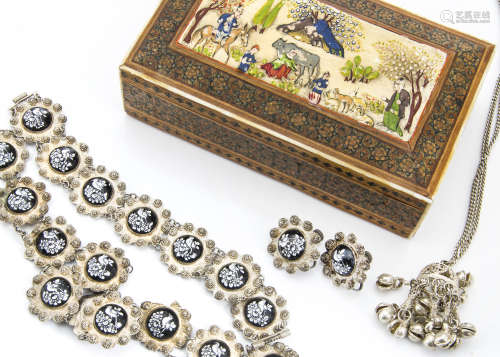 A white metal and enamel suite of Persian jewels, comprising necklace, bracelet and pair of earrings