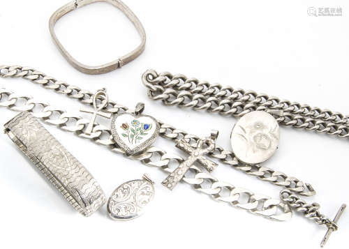 A collection of silver jewels, including a curb link necklace, three silver lockets, silver watch