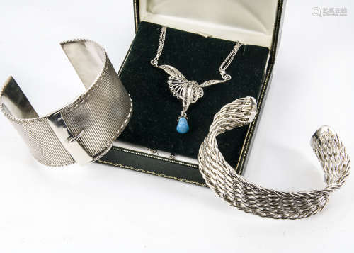 A modern silver marcasite and turquoise pendant necklace, together with a white metal cuff