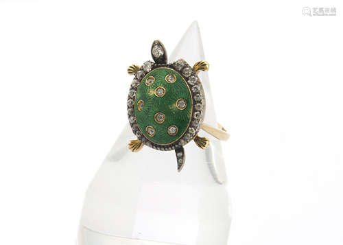 A novelty diamond and enamel tortoise dress ring, the tablet top with domed translucent green top