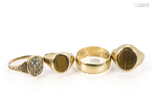 An 18ct gold wedding band, 5.2g, together with a gold and diamond signet ring, 2.3g and two 9ct gold