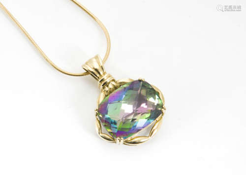 A 9ct gold mystic topaz pendant, on a fine gold chain, 13g