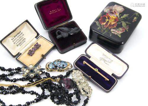 A collection of Victorian and later jewellery, including a French jet or black glass flappers