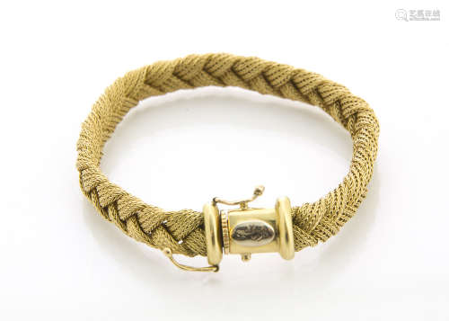 An 18ct gold Italian bracelet, the plaited, textured strap with box snap clasp and safety catches,