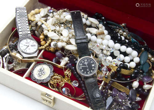 A collection of jewellery and watches, including a gents and a lady's Seiko, various necklaces, a