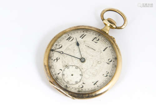 An early 20th century Longines 18ct gold open faced pocket watch, 4.9cm wide, with engraved silvered
