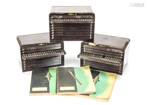 A collection of Ronda watch balance staff, in six Bakelite boxes numbered 1 to 6, with drawers